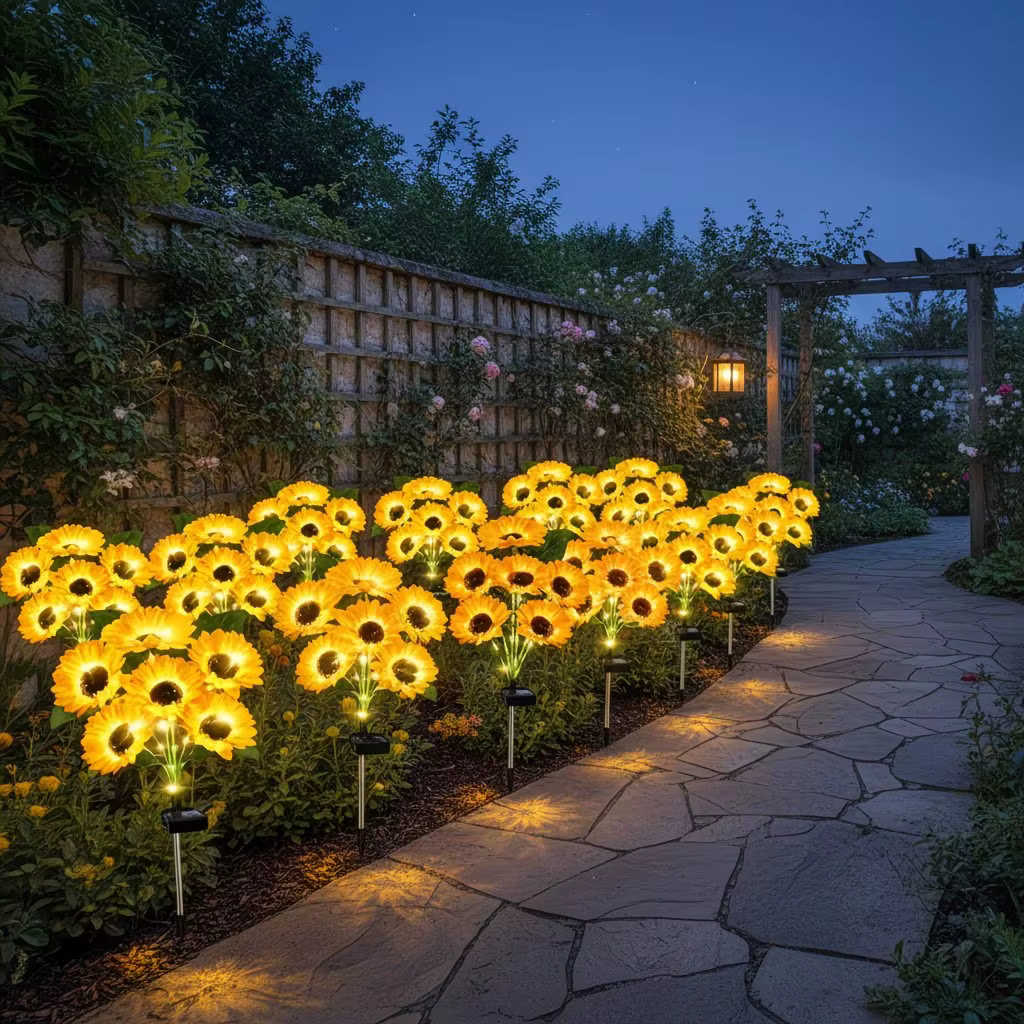Lampes solaires d'extérieur en forme de tournesol avec tige lumineuse, pour jardin, allée, pelouse, balcon