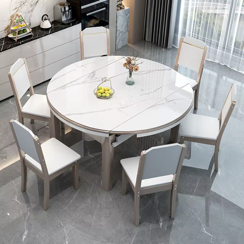 Table à manger ronde extensible et pliable en marbre et bois massif de luxe moderne avec ensemble de chaises 4, 6 places, designs de meubles de restaurant