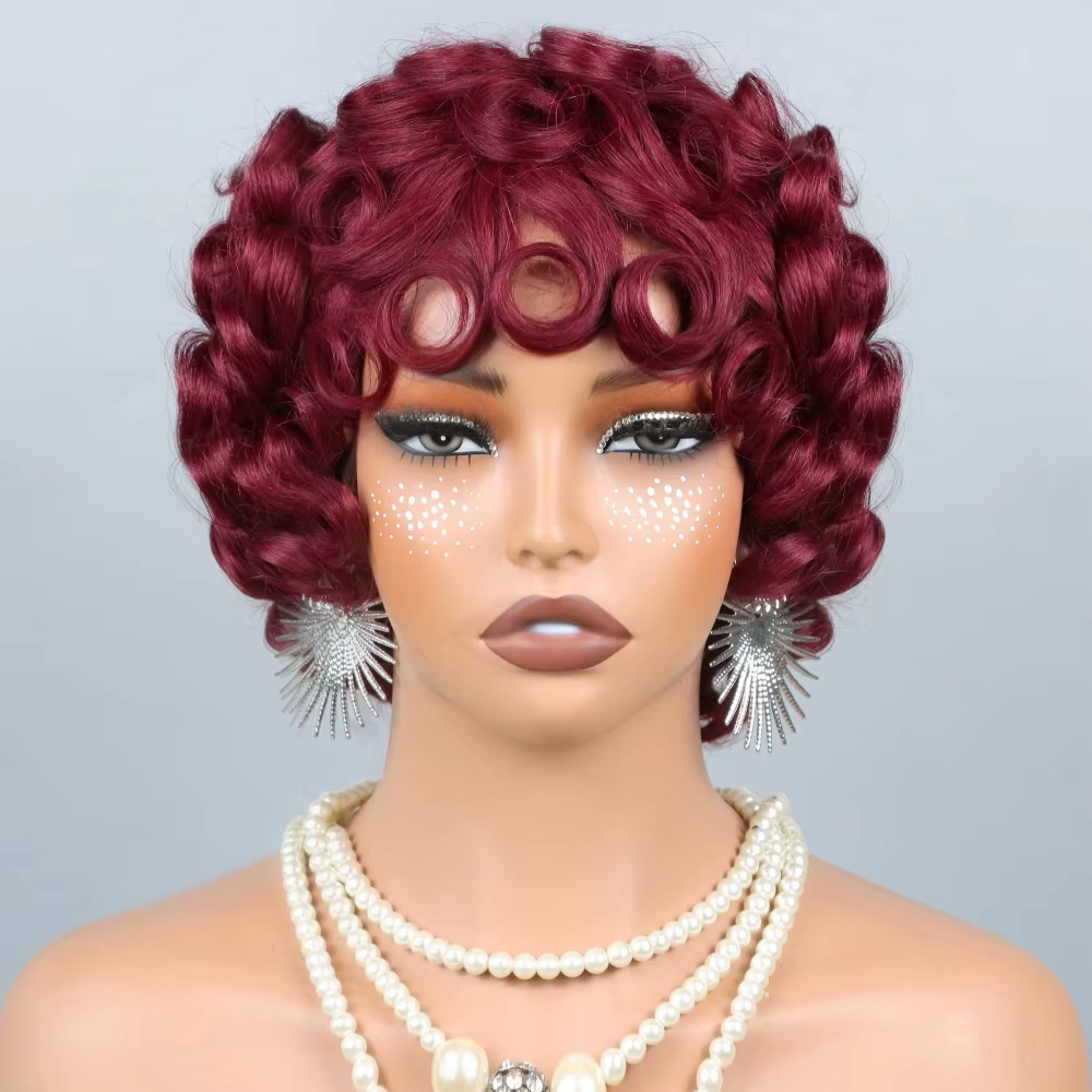 Perruques Courtes en Cheveux Humains Bourgogne 99J pour Femmes Noires