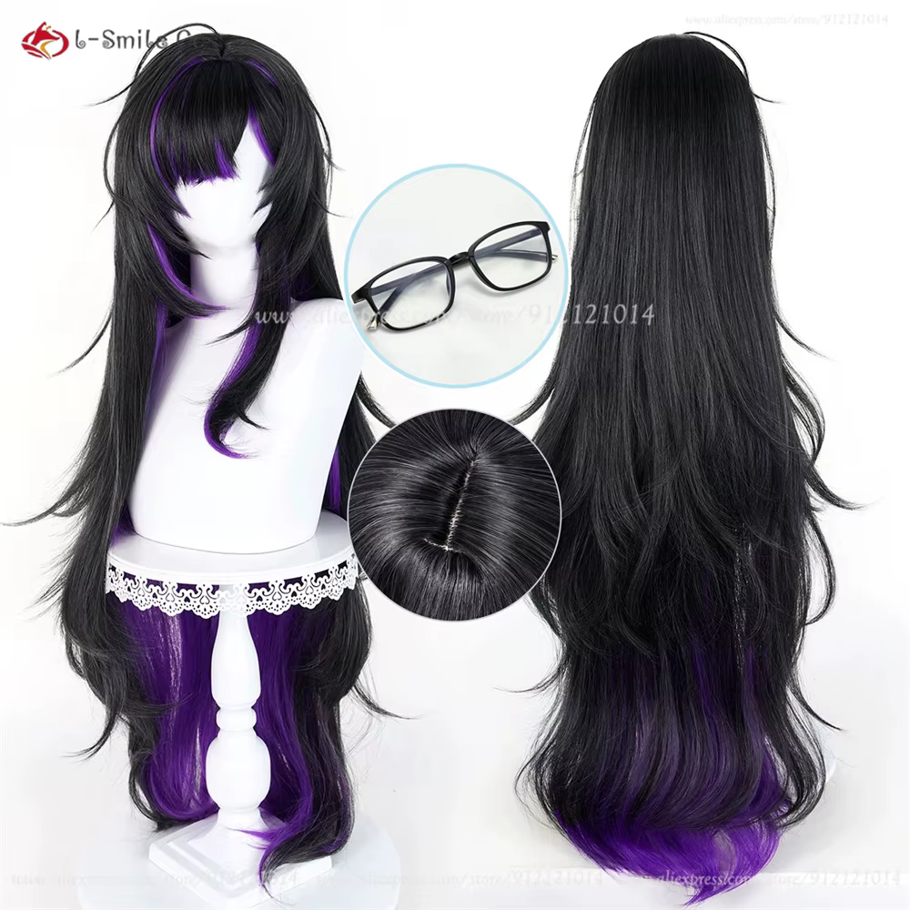 Étiquette NIKKE ‌   Perruque de cosplay synthétique résistante à la chaleur, 100cm, noir et violet mélangé, pour femmes, Anime Cosplay, Halloween
