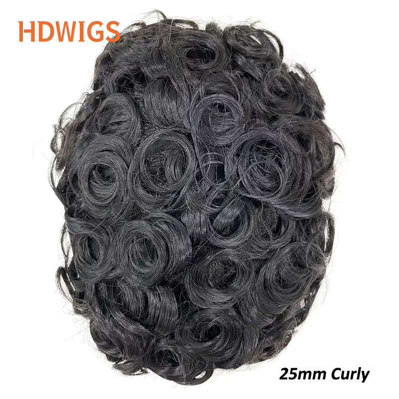 Prothèse capillaire homme bouclée en cheveux humains indiens Remy