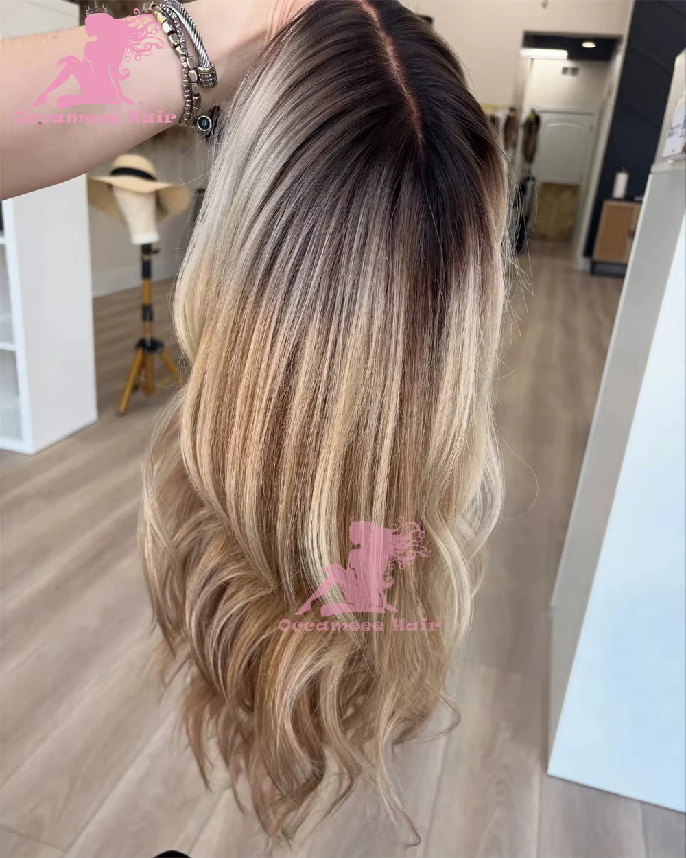 Perruque Lace Frontale en Cheveux Humains Body Wave Ombré Blond Cendré avec Mèches
