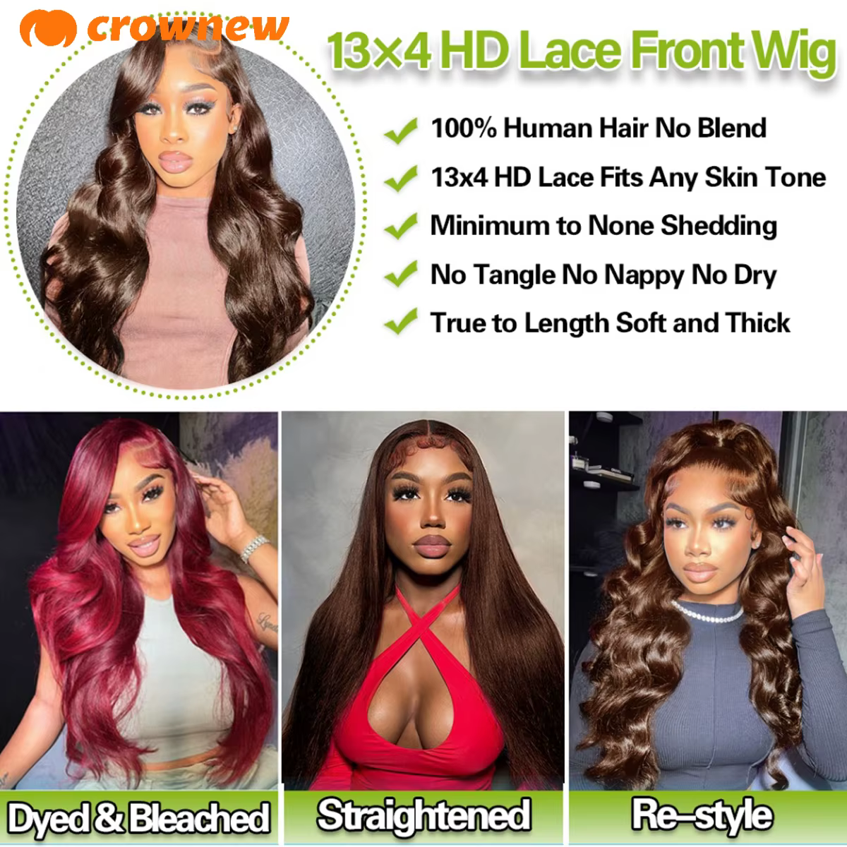 Perruque Lace Front Wig naturelle Body Wave marron chocolat