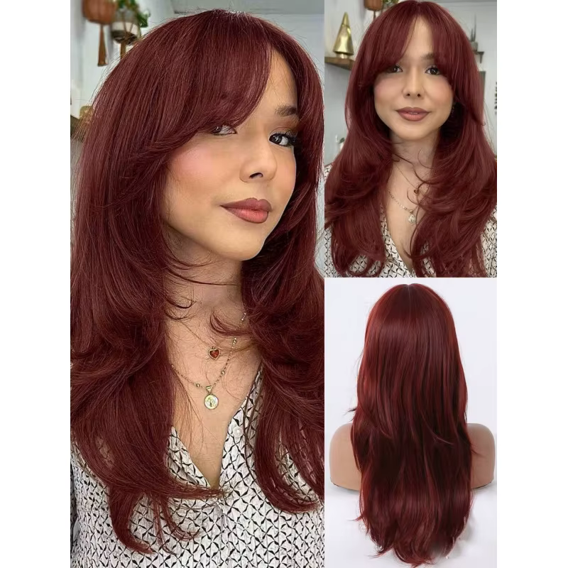 24" Wine Red Long Layered Synthetic Wig With Curtain Bangs