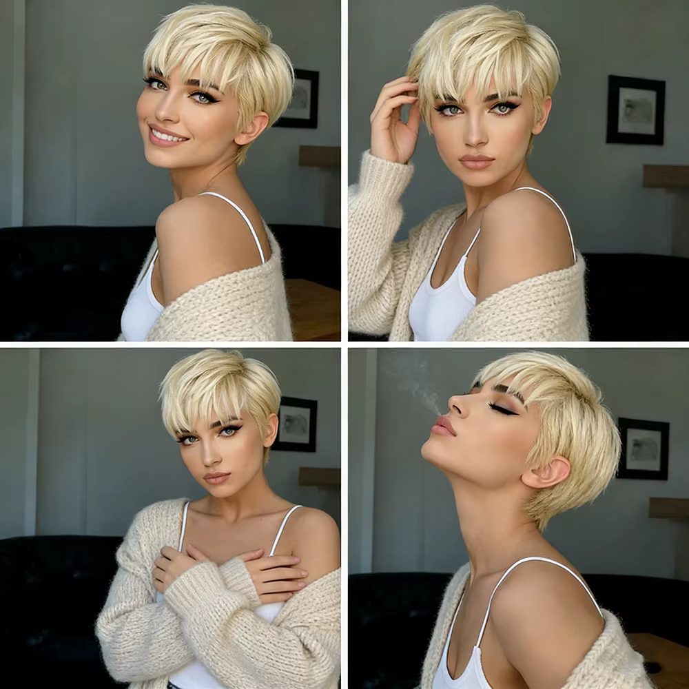 # Perruques en cheveux humains couleur blonde 613, perruque courte blonde avec frange pour femmes, cheveux brésiliens, bonnet fait à la machine, noir/brun/blonde