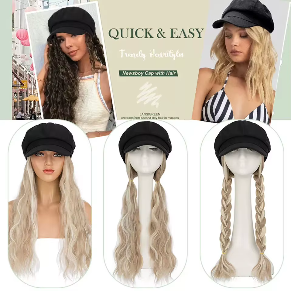 Casquette Newsboy avec Extensions de cheveux Bob