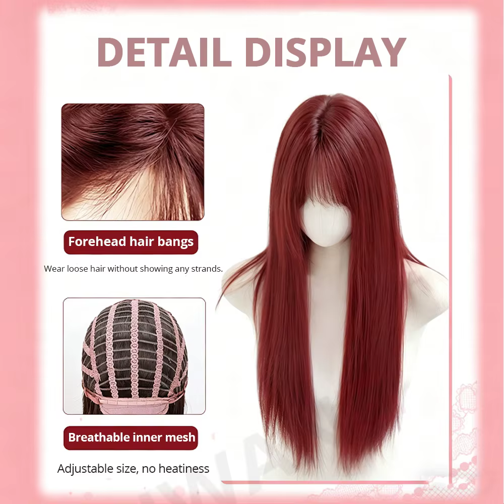 Perruque synthétique longue et droite de haute qualité rouge framboise avec frange, synthétique pour femme, usage quotidien et cosplay, perruque longue pour femme