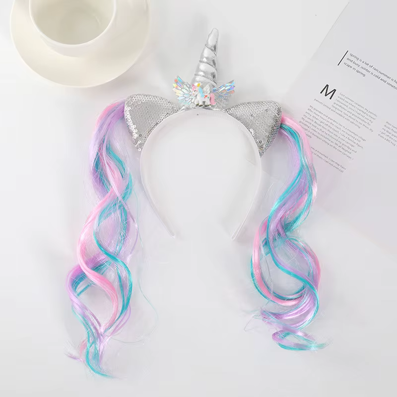 Perruque colorée licorne bandeau arc-en-ciel cheval Double queue