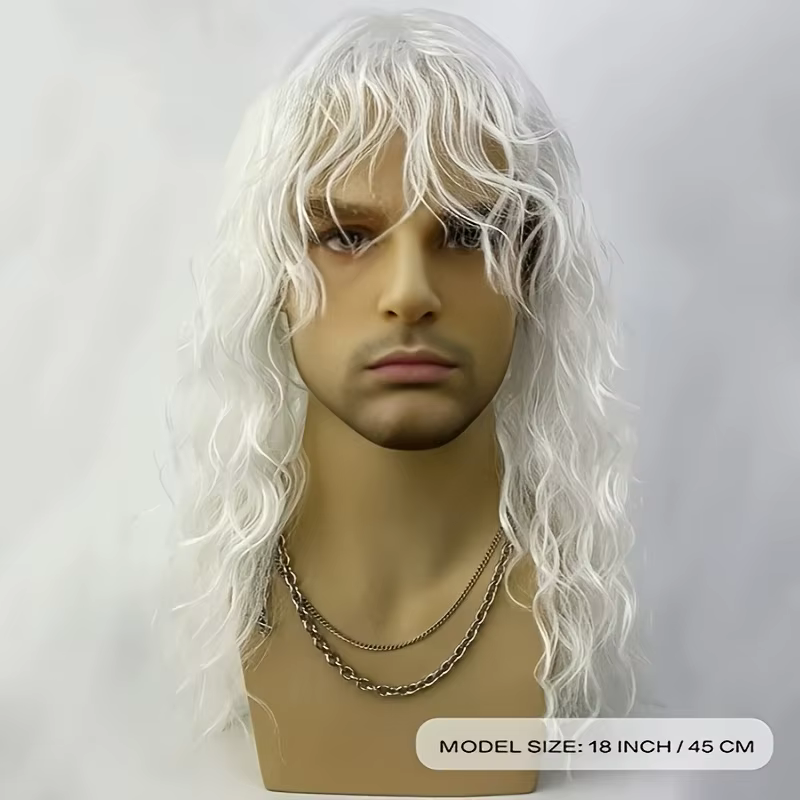Perruque bouclée blanche pour hommes avec frange – Cheveux synthétiques ondulés naturels pour cosplay