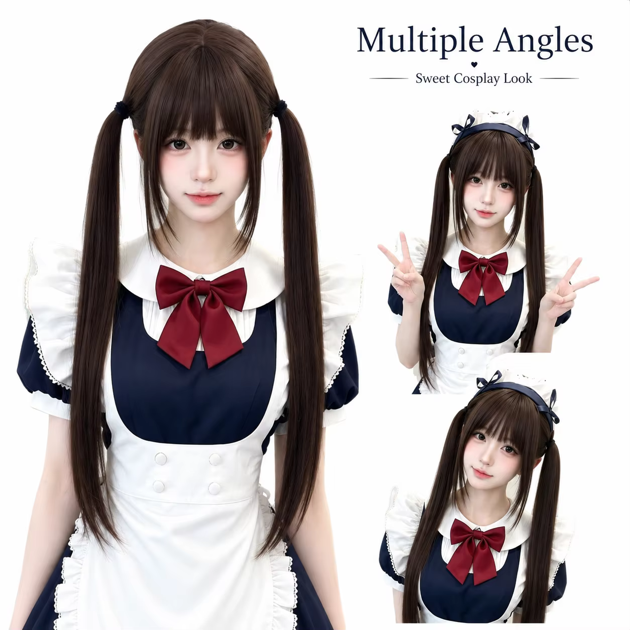 Perruque double queue de cheval longue et droite style High Tie Lolita Shao Luo JK pour filles