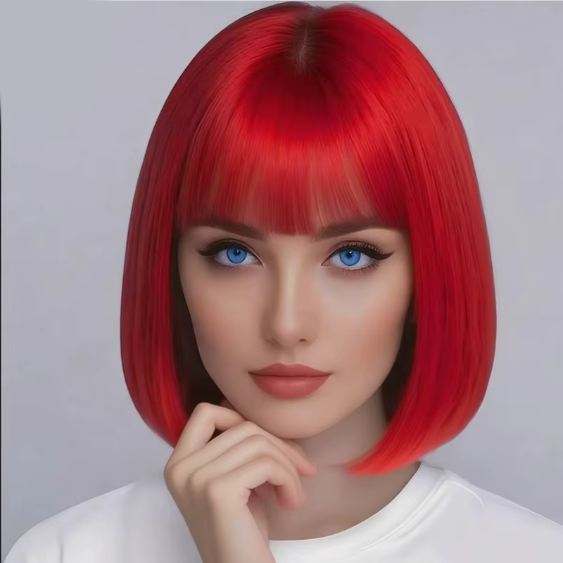 Perruque synthétique rouge de 12 pouces avec frange