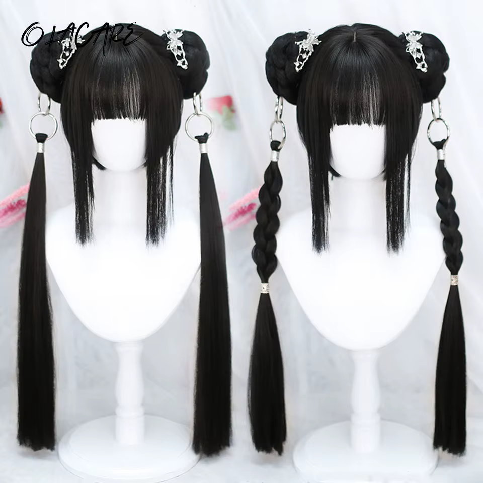 OLACARE perruque synthétique courte droite avec longue queue de cheval Hairbun Lolita Cosplay fête Harajuku