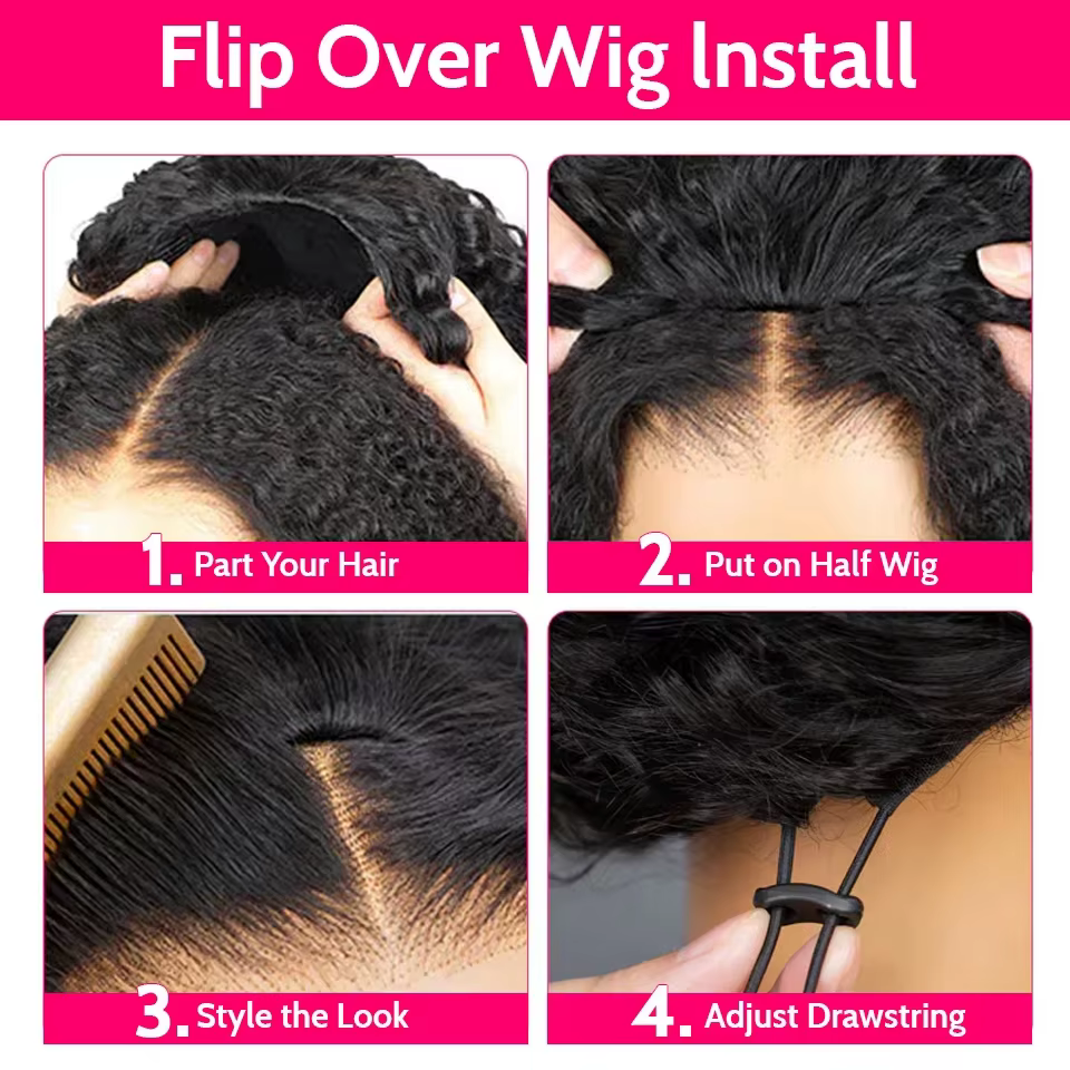 Perruque mi-tête 250% Kinky Curly en cheveux humains