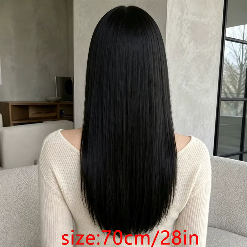 Perruque synthétique noire pure de 28 pouces avec une raie naturelle au milieu