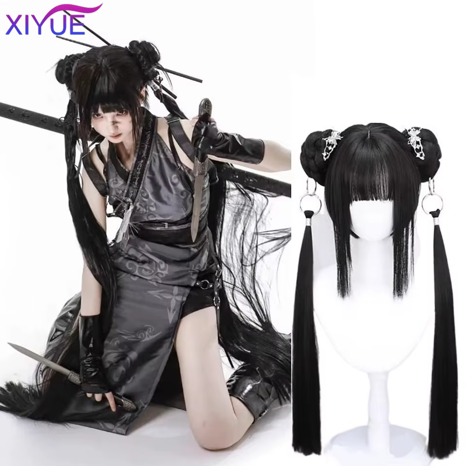 XIYUE synthétique longue droite Lolita perruque avec Bang rouge Ombre noir Cosplay fête Halloween noël ondulé bouclés