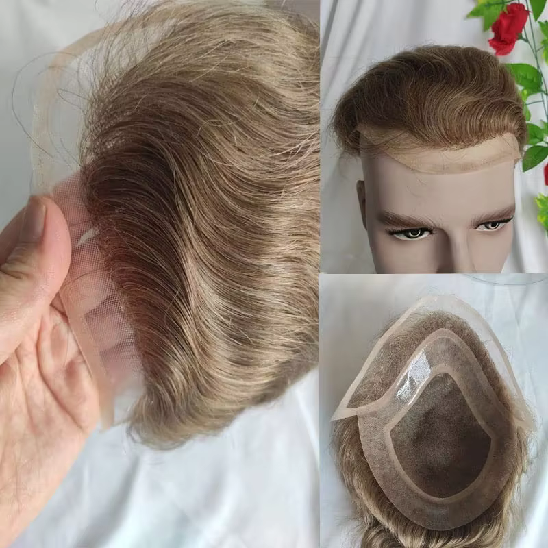 Prothèse capillaire pour homme en dentelle frontale avec dessus en mono