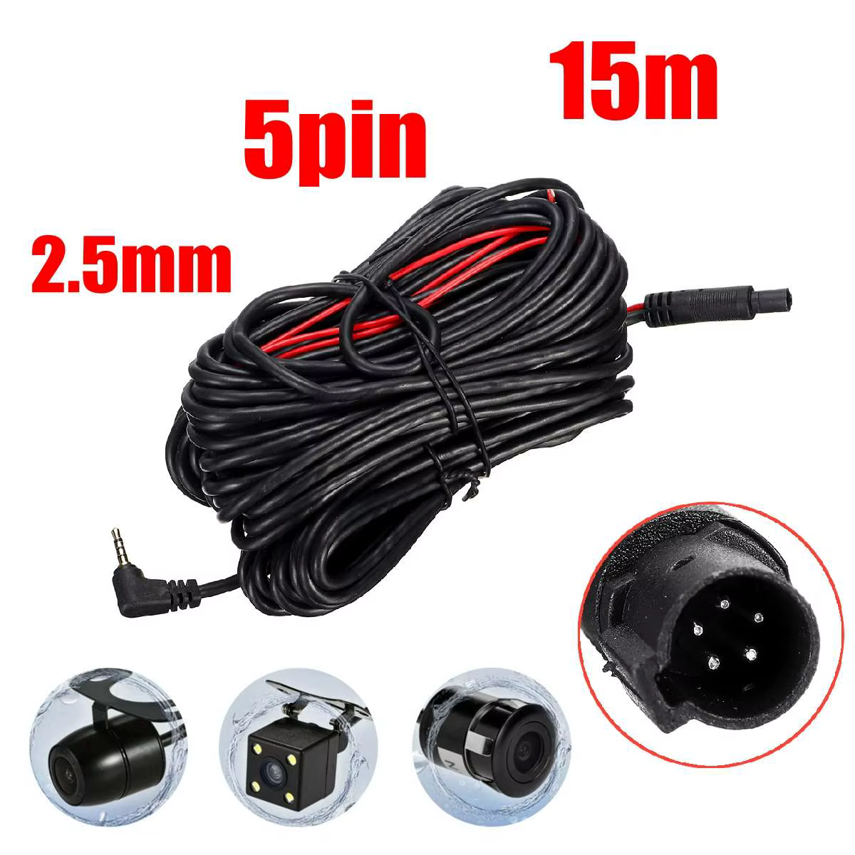 Extension de câble Aux 2.5mm 10M/15M, câble usb 5 broches pour caméra de recul et enregistreur de voiture
