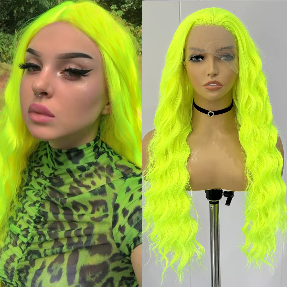 Perruque Synthétique Longue Bouclée Vert Néon pour Femme