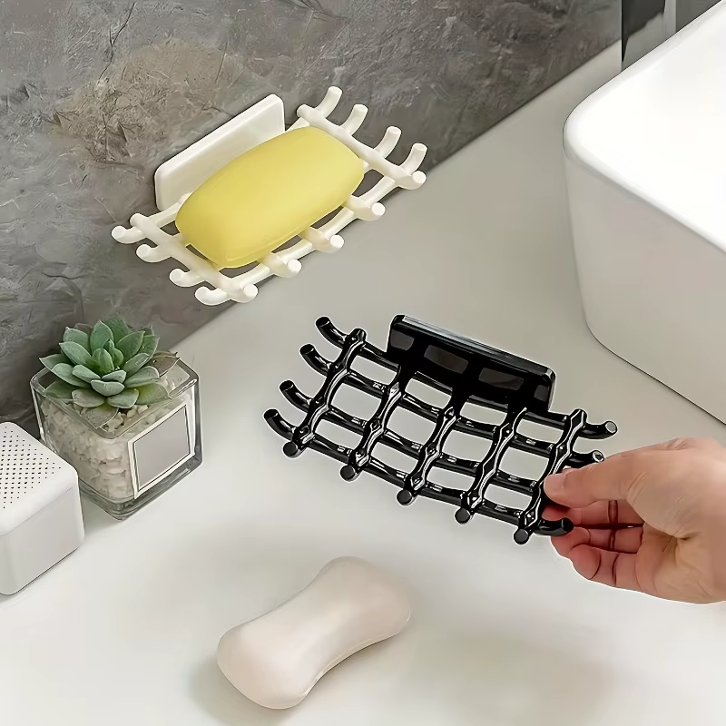 1 porte-savon mural pour douche avec drainage, noir, blanc, support carré. Aucun perçage requis, crochet pour savon et accessoires.