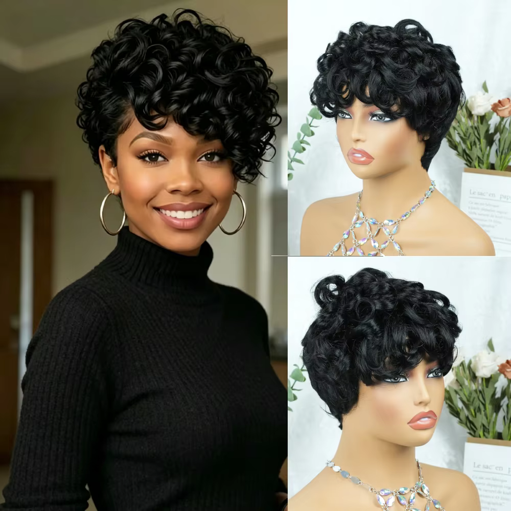 Perruque courte bouclée couleur naturelle coupe pixie