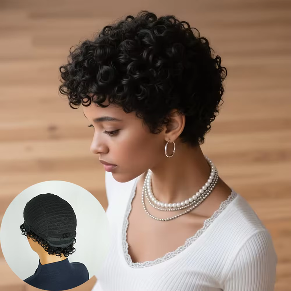 Perruque courte bouclée coupe lutin pour femmes, cheveux 100% naturels, entièrement fabriqués à la Machine, naturel, réaliste, sans enchevêtrement, facile à entretenir