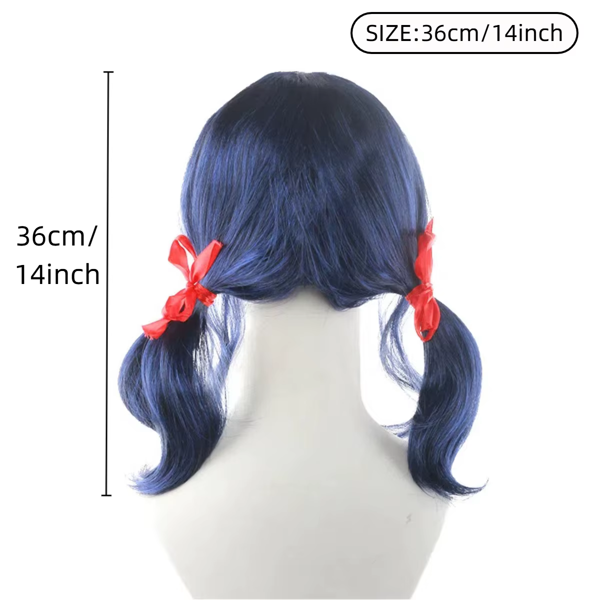 Perruque synthétique bleu marine bouclée à double queue de cheval avec nœuds rouges