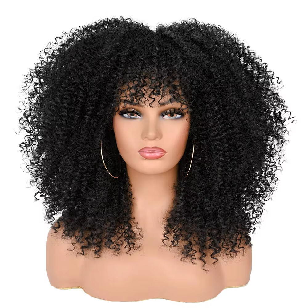 Perruque Afro Bouclée Synthétique avec Frange