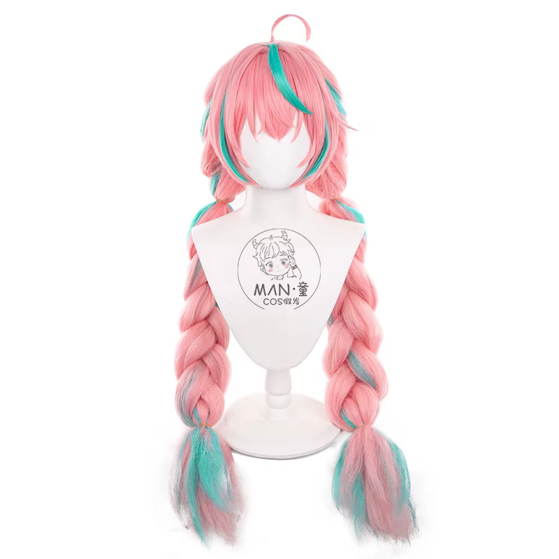 Genshin Impact Varesa Cosplay perruque 98 cm rose vert tressé coiffure