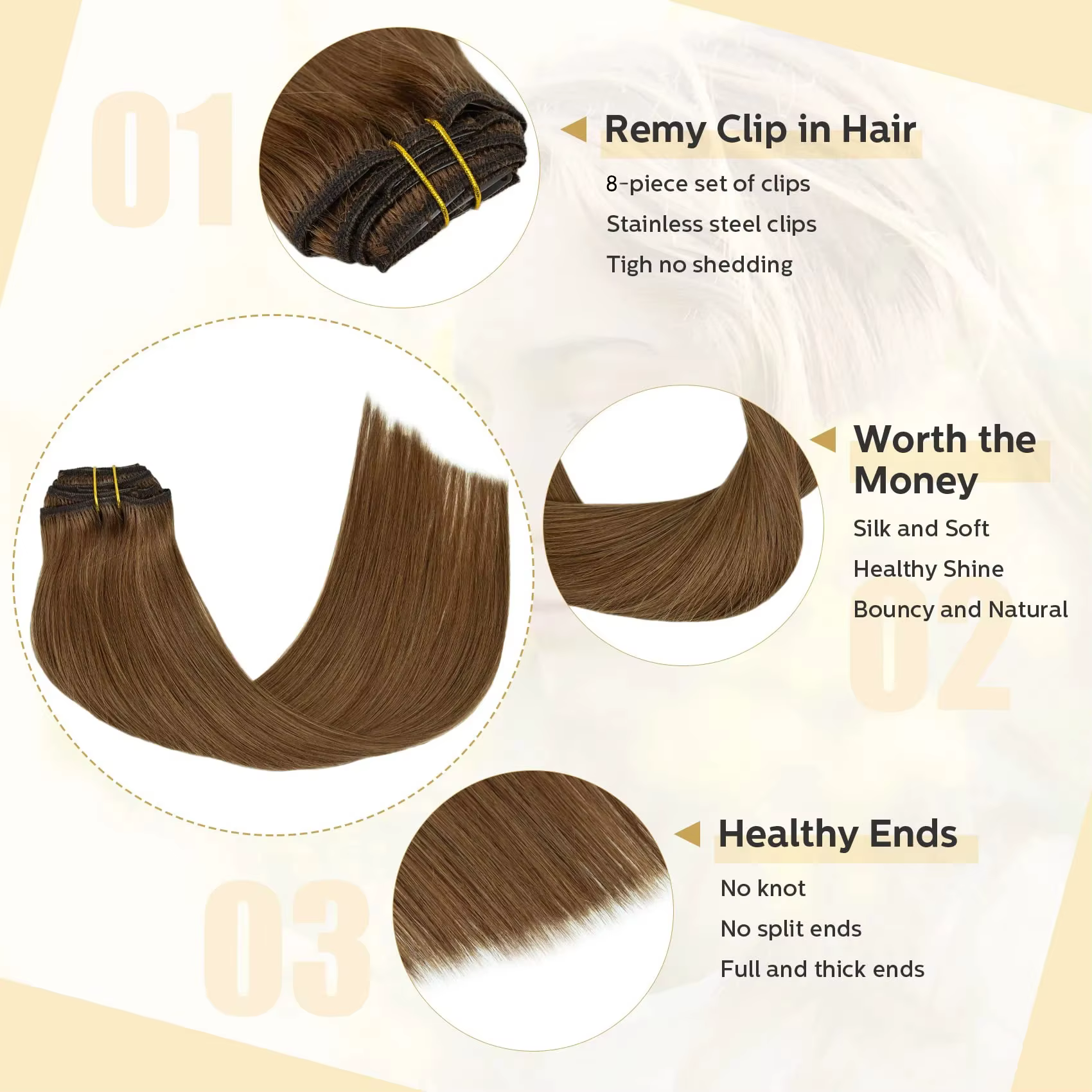 Extensions de cheveux à clipser # 6 brun châtain Double trame épaisse 120G 8 pièces pince brésilienne droite soyeuse