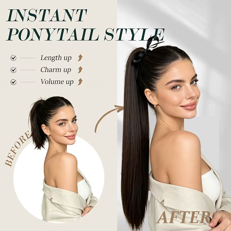 Extension de cheveux queue de cheval longue et droite avec attaches pour femmes, perruque synthétique résistante à la chaleur facile à clipser