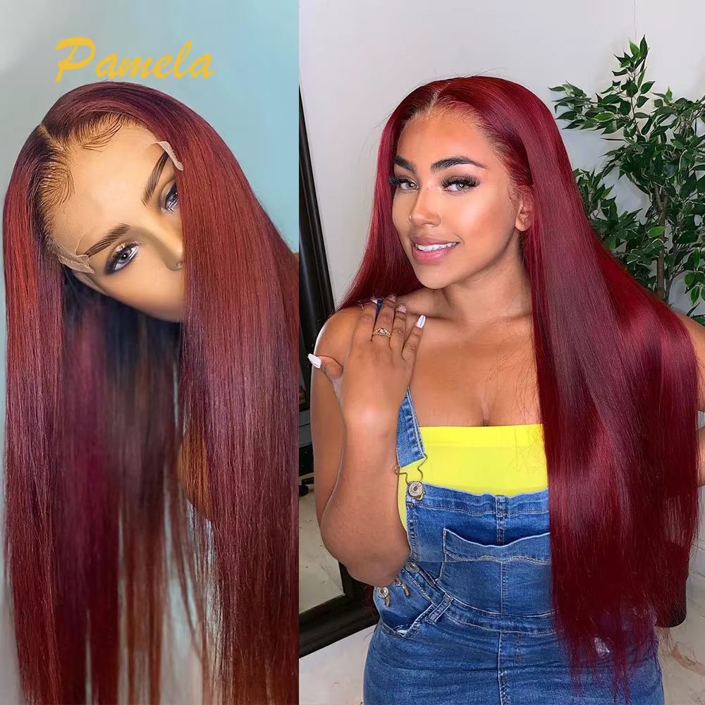 Perruque sans colle de couleur bordeaux Super Double tirage prête à porter 13x6 os droit Transparent 30 pouces avant de lacet perruques de cheveux humains