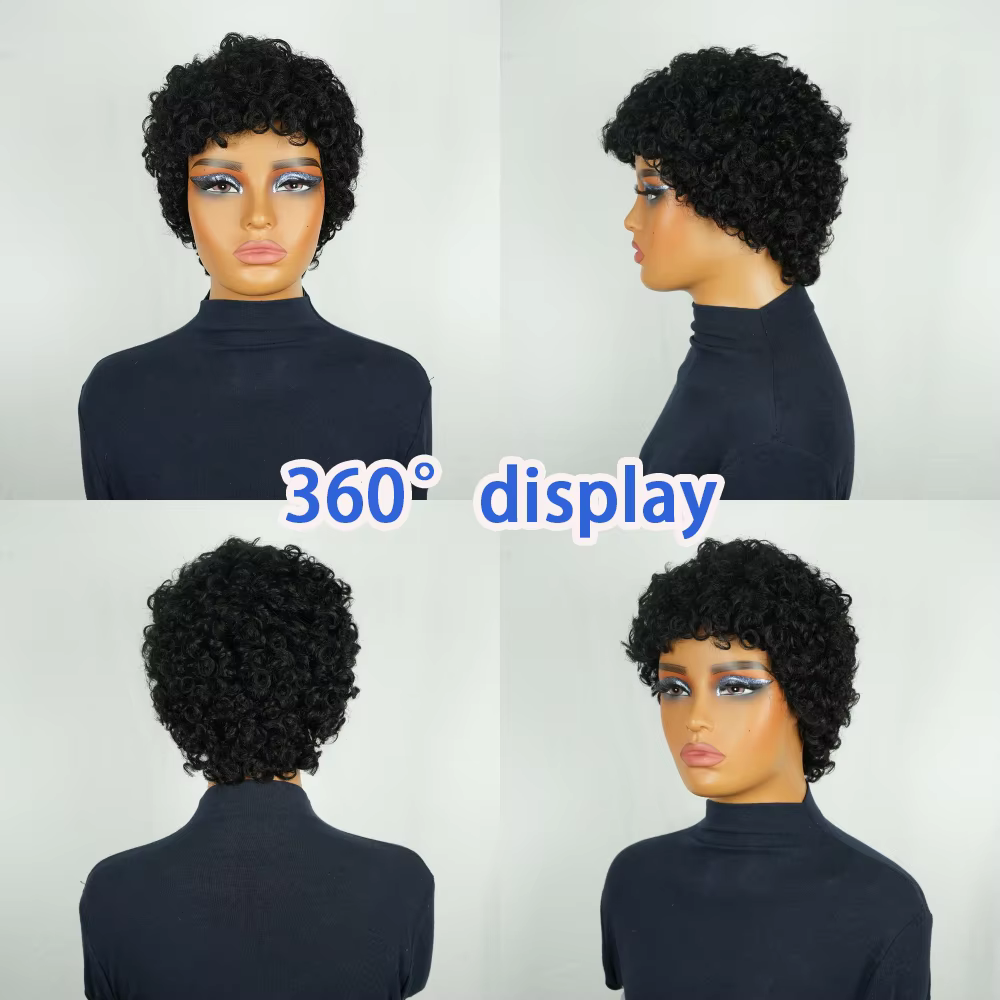 Perruque courte bouclée coupe lutin pour femmes, cheveux 100% naturels, entièrement fabriqués à la Machine, naturel, réaliste, sans enchevêtrement, facile à entretenir