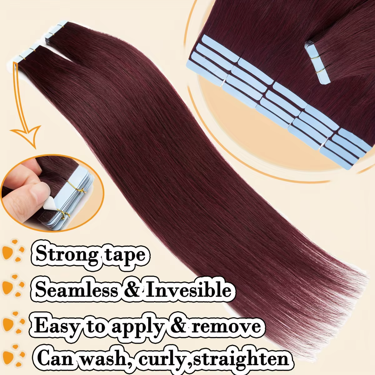 Extension de cheveux à bande Remy rouge vin, colle Double face 12-22 pouces, 20 pièces/paquet pour Extensions de cheveux fins