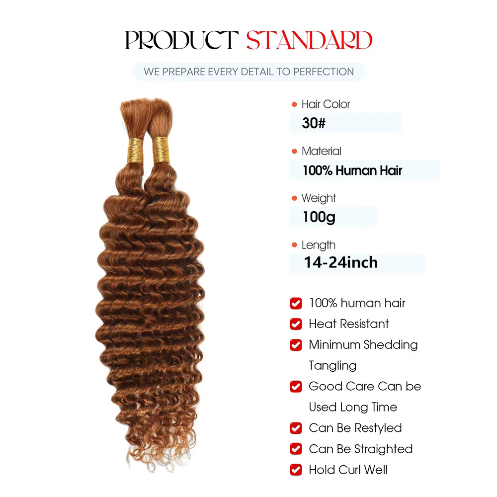 30 # Cheveux tressés humains brun Auburn vague profonde
