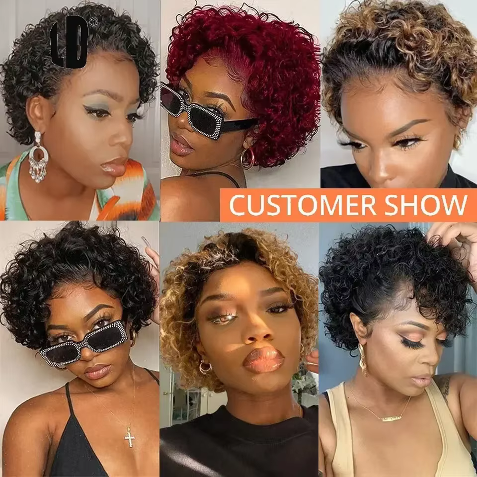 Perruque de cheveux humains brésiliens pour femmes noires Afro bouclés Pixie Bob courte ligne