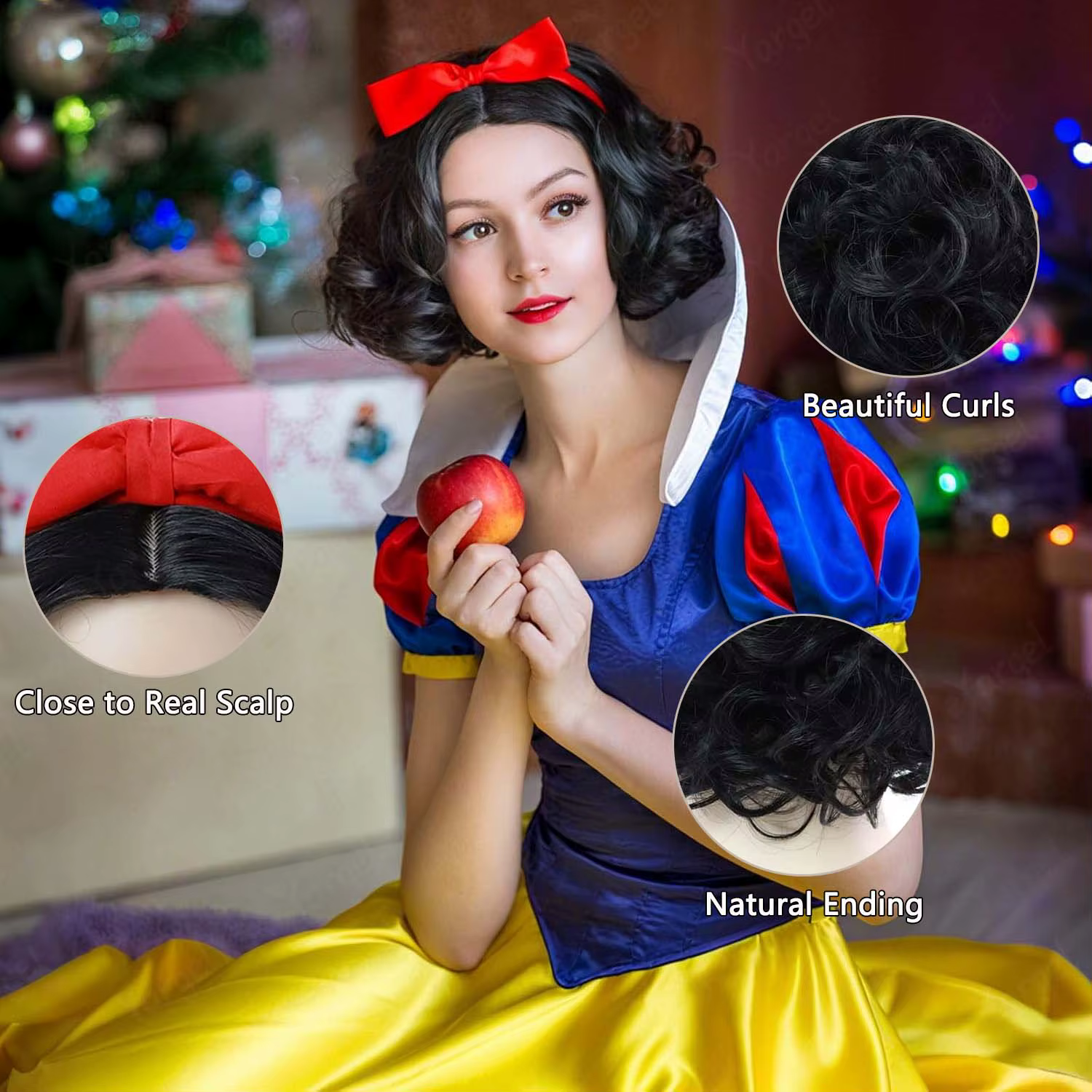 Perruque synthétique courte ondulée noire pour filles