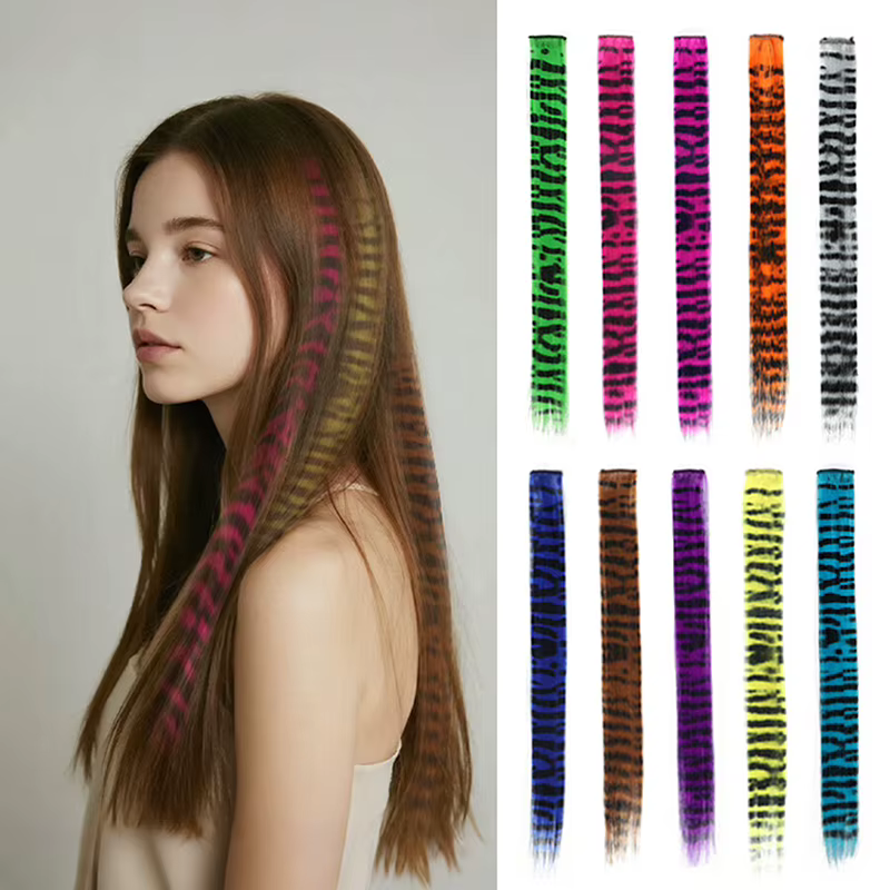 Extension de cheveux raides à imprimé léopard – Postiche à l'arrage multicolore avec clip sécurisé pour la mode des filles et le style quotidien