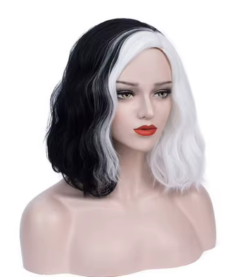 Perruque Courte Bouclée et Ondulée pour Costume de Cosplay, Perruques d'Halloween, Cruella Deville De Vil, Blanc et Noir, Degré de Chaleur, 2023 Nouveau