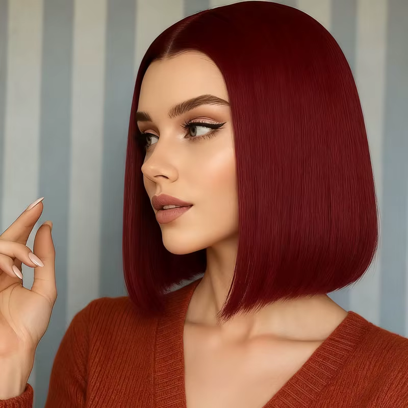 Perruque cheveux raides bordeaux 12 pouces pour femmes