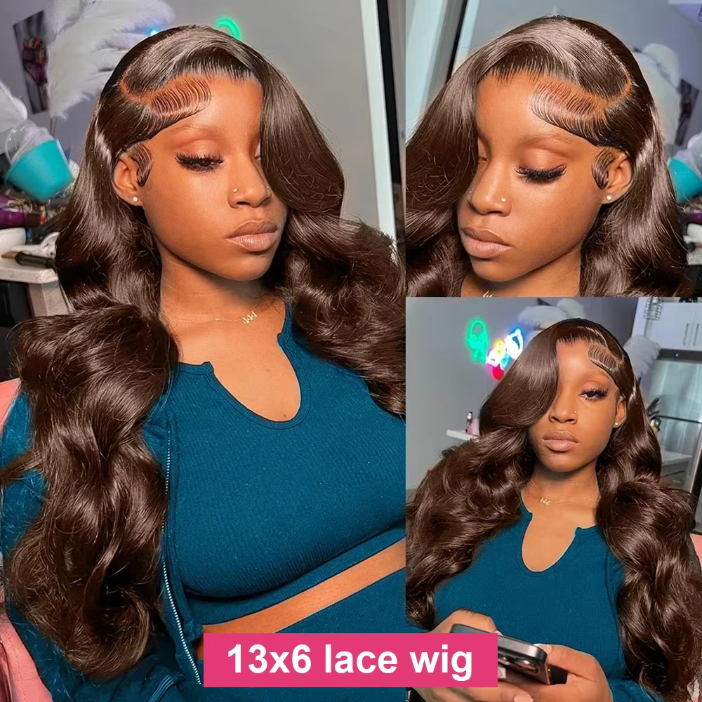 Perruque Body Wave 46 pouces # Perruques frontales en dentelle HD transparente 13x4 13x6 en cheveux Remy brun chocolat