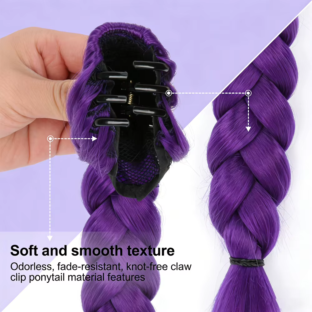 Perruque queue de cheval synthétique tressée violette avec pince crabe pour enfants
