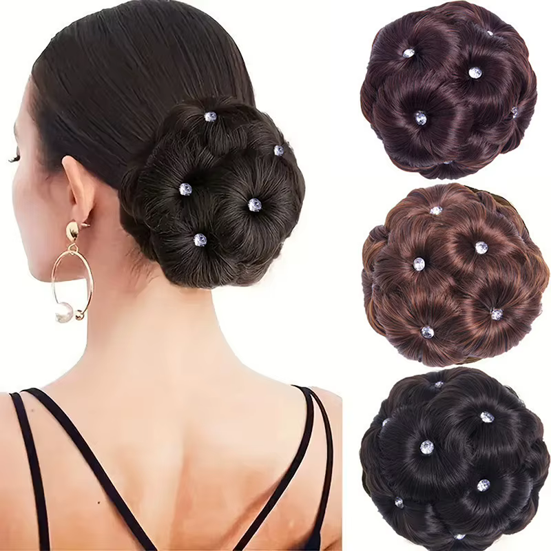 Chignon synthétique avec strass colorés et brillants pour femme
