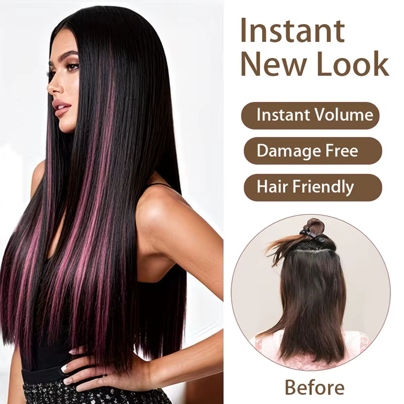 Extensions de cheveux colorées à clipser - Avec cinq clips / Postiche long et lisse en fibre synthétique résistante à la chaleur pour fille