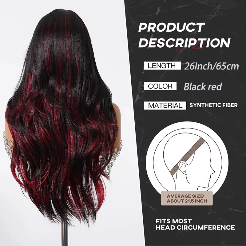 Perruque synthétique longue ondulée mélange noir rouge avec frange