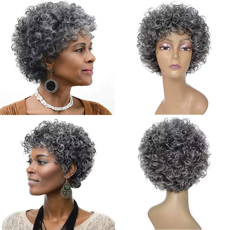 Perruque complète en cheveux humains bouclés courts gris-gris de haute qualité