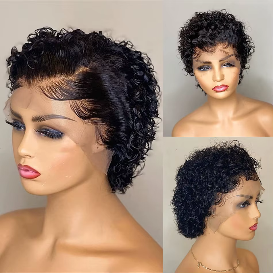 13x4 dentelle frontale perruques cheveux humains coupe lutin 180% densité couleur noire vague d'eau courte