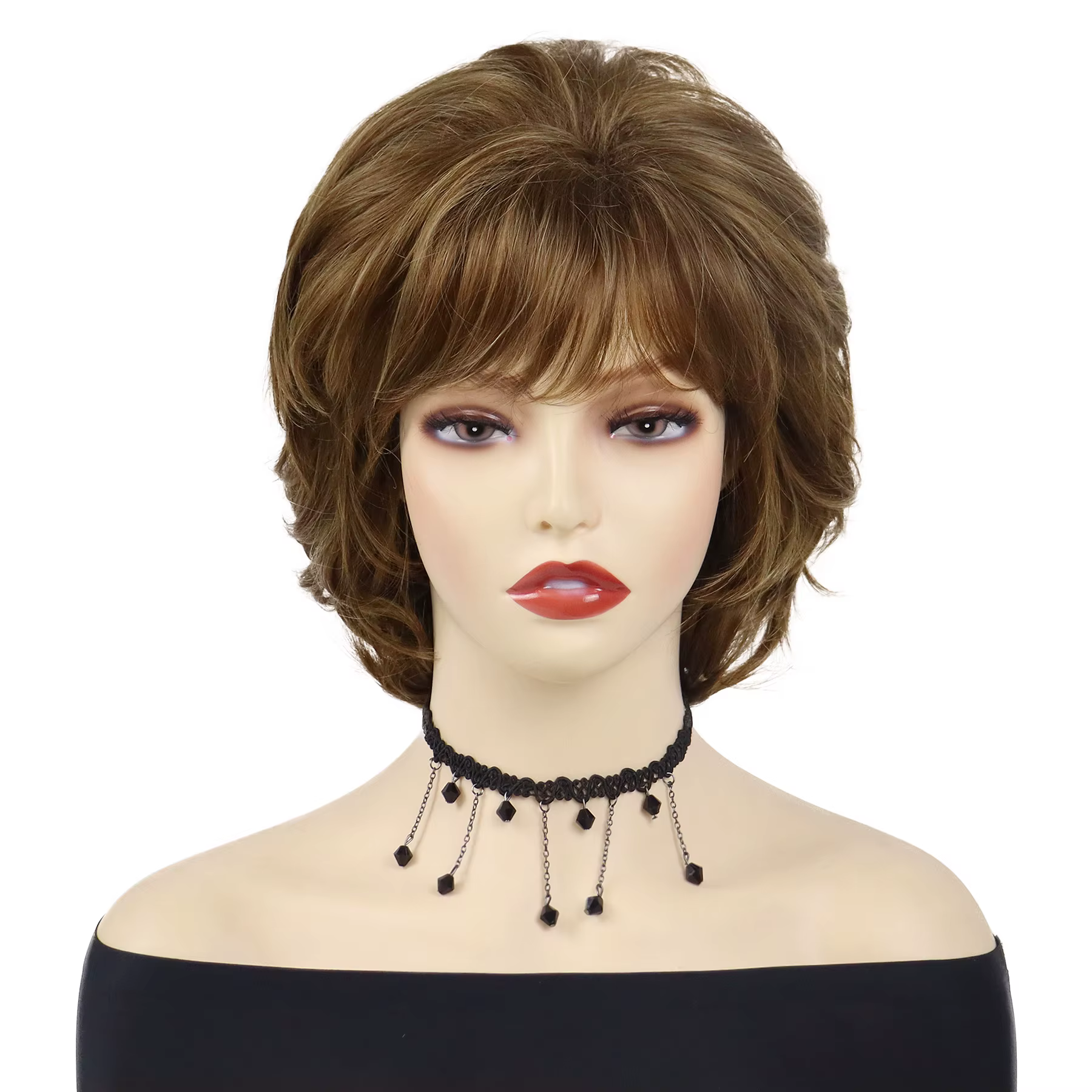 GNIMEGIL perruques synthétiques pour femmes perruque courte bouclée naturelle avec frange brun mélange