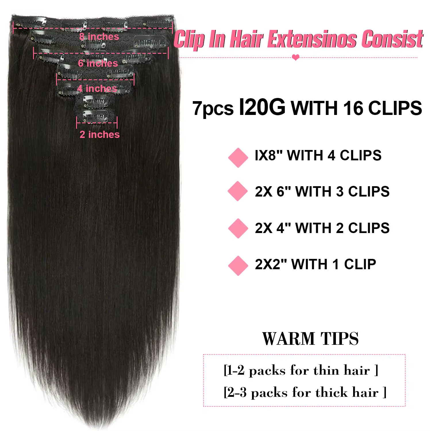 Extensions de cheveux à clips de 18/20/22 pouces