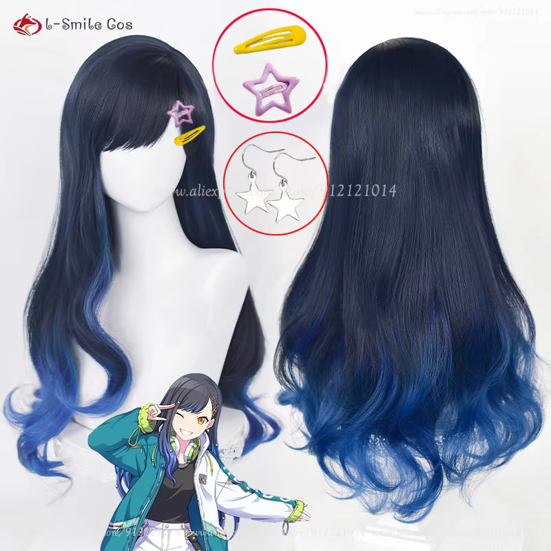 Shiraishi – perruque de Cosplay synthétique longue de 70cm, cheveux bouclés dégradés de bleu, résistants à la chaleur, perruques de fête + bonnet de perruque, haute qualité