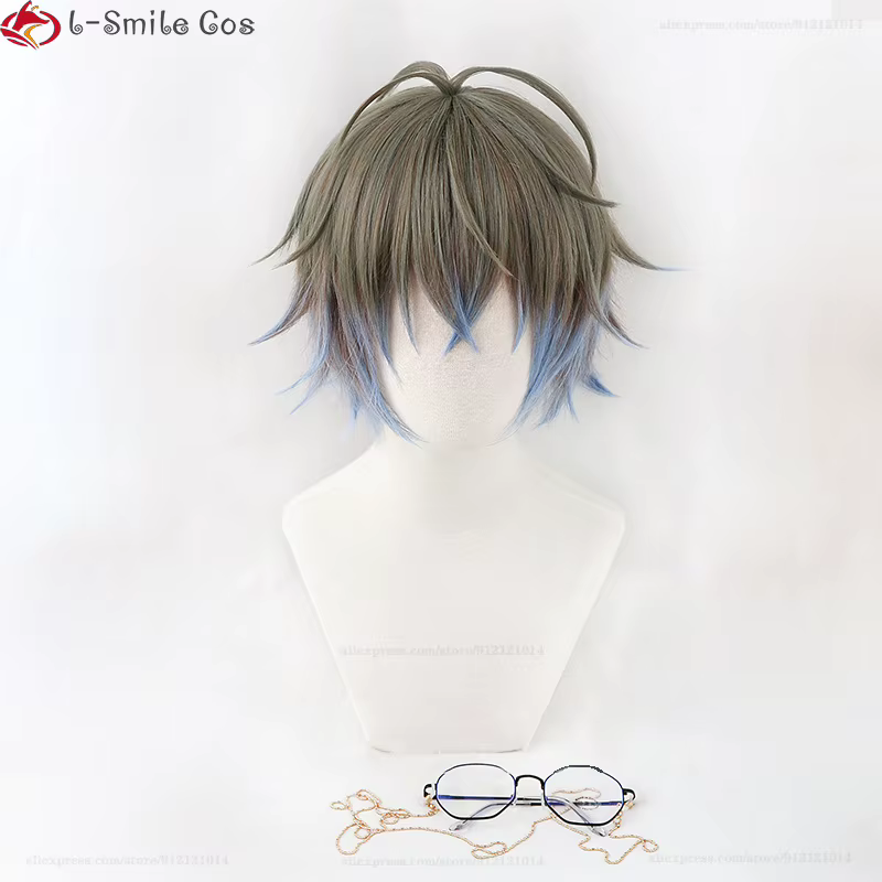 Haute qualité VTuber NIJISANJI Luxiem Ike Eveland Cosplay perruque gris brun dégradé bleu clair résistant à la chaleur synthétique cheveux perruques